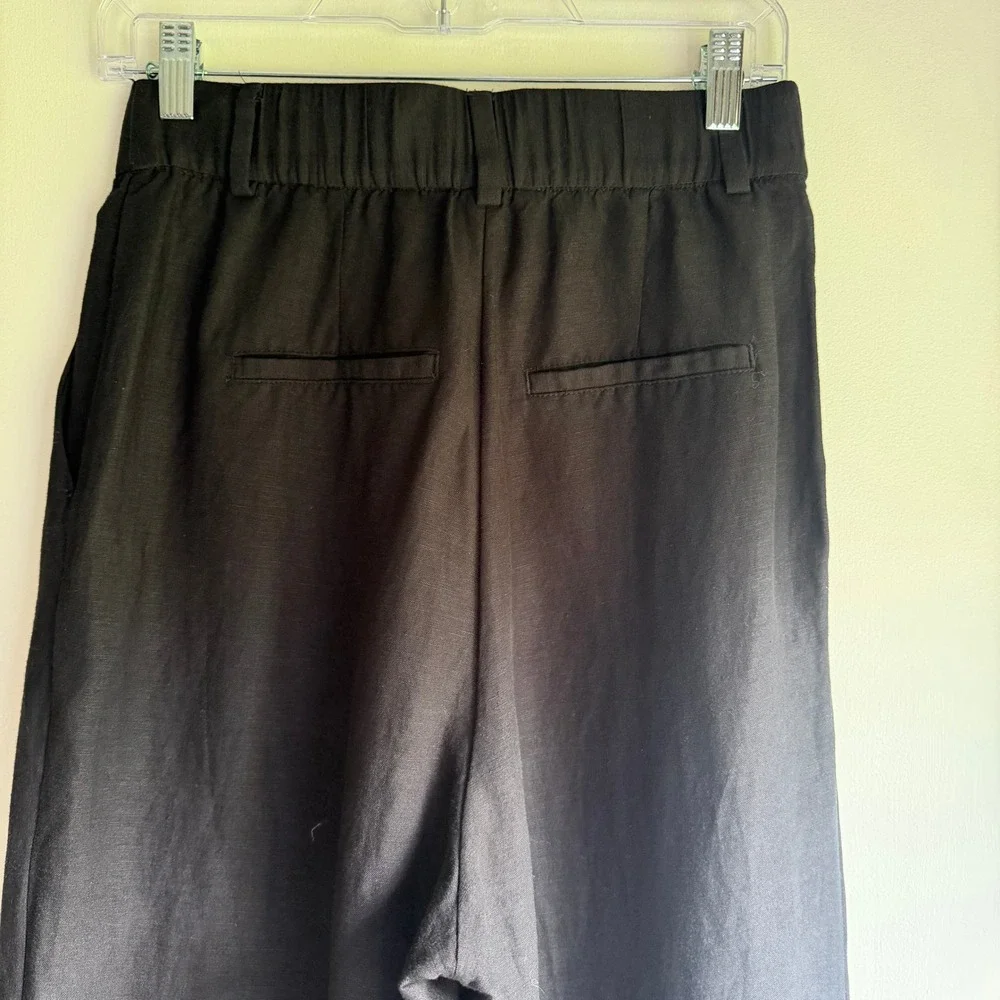 H&M Black Wide Leg Linen Blend Trousers High Waist Elastic Back Pants Size 6 NWT